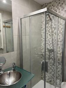 帕斯底拉卡萨Envalira Vacances - Etoile duplex ideal familia con vista a pistas的一间带水槽和玻璃淋浴的浴室
