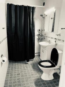 埃斯波STAY Matinkatu Apartment的浴室设有卫生间和黑色淋浴帘
