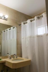 迈阿密海滩柯林斯酒店的浴室配有淋浴帘和盥洗盆。
