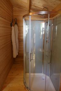 FronsacCABANE BAMBOU的木墙客房中的步入式淋浴间