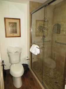 南太浩湖星尘旅馆的一间带卫生间和玻璃淋浴间的浴室