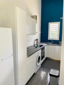 拜马欧K'Noly的白色的厨房配有洗衣机和烘干机
