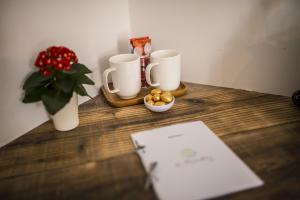 拉尔邦克La Tissandière的一张桌子,上面有两个咖啡杯和一个花瓶,上面有植物