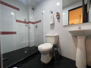 波哥大Hotel Ferias Park的浴室配有卫生间、盥洗盆和淋浴。