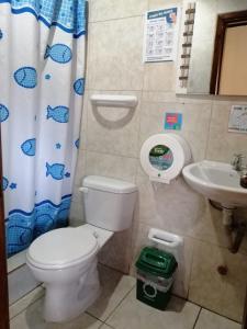 伊瓦拉Hostal Cumbres Andinas的一间带卫生间和水槽的浴室