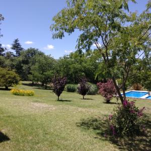 吉亚迪诺镇Llanten Dorado Cabañas的种满树木和鲜花的公园和游泳池