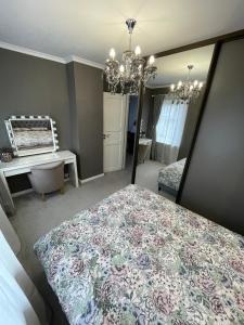 利耶帕亚Brother street apartment的一间卧室配有一张床、一张书桌和一面镜子