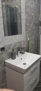 莱斯科Agroturystyka Na górce u Barbary - domek letniskowy的浴室设有白色水槽和镜子