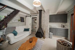 哈内茨堡Viewpoint - Cabin 4的客厅配有白色沙发和壁炉