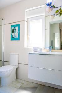 塔里法Livingtarifa Apartamento Bianco的一间带卫生间、水槽和镜子的浴室