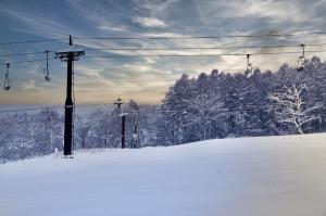 小谷村SKI INN HAKUBA的雪覆盖的斜坡上的一个滑雪缆车