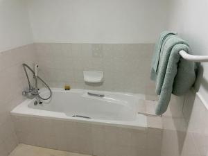MoorreesburgSamoa Hotel的浴室设有白色浴缸,备有绿毛巾