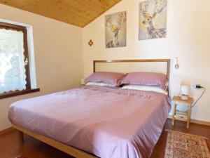 福尔加里亚Appartamento con Terrazzo Panoramico vicino al Centro di Folgaria的一间卧室配有一张带粉色床单的床和一扇窗户。