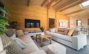 莫珀斯Sundance Lodge, Fantastic New Cabin with Hot Tub - Sleeps 6 - Largest In Felmoor Park的带沙发的客厅和带电视的客厅