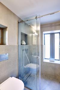 爱琴娜岛Nikolaou residence的浴室设有玻璃淋浴间和卫生间