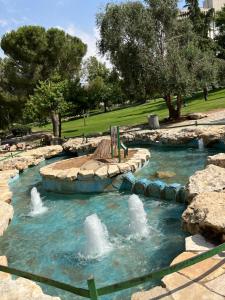 耶路撒冷Apartment in Rehavia Jerusalem的公园里的一个喷泉,有岩石和树木