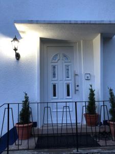 MurrhardtGreen Bambus Wohnung的白色房子上一扇白门,上面有盆栽植物