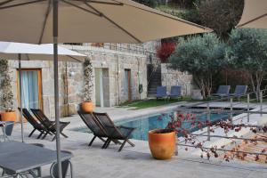 塞亚Casas Da Lapa, Nature & Spa Hotel的一个带椅子和遮阳伞的庭院和一个游泳池