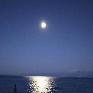 斯卡拉卡里拉奇斯Golden Sunset Beach Apartment的月亮在晚上从海洋上空升起