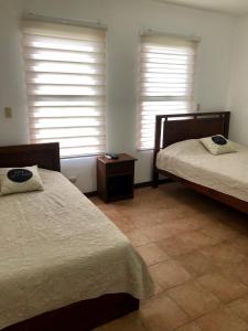 利比里亚Apartamento Chorotega的一间卧室设有两张床和两个窗户。
