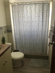 利比里亚Apartamento Chorotega的带淋浴帘和卫生间的浴室