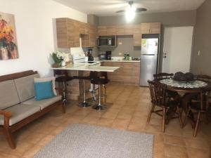 利比里亚Apartamento Chorotega的厨房以及带沙发和桌子的客厅。
