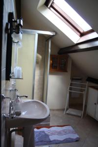 ChaptelatChambre d'Hôtes Les Chênes的浴室配有水槽和带天窗的淋浴。