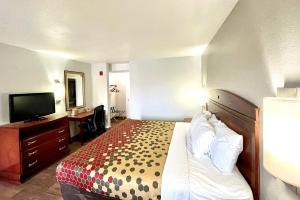 LesterRed Carpet Inn Philadelphia Airport的酒店客房配有一张床、一张书桌和一台电视。