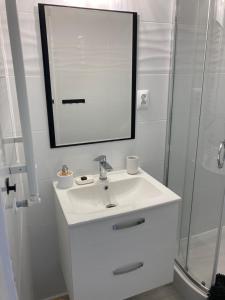 波兹南Kamienica nad Maltą- Mieszkania nad Jeziorem Maltańskim的白色的浴室设有水槽和镜子