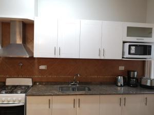 门多萨Precioso Departamento - Excelente ubicación的厨房配有白色橱柜和水槽