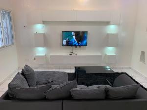 BrikamaMatano Guest House的客厅配有沙发和墙上的电视