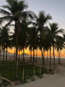 里约热内卢Copa Beach Home - Copacabana Posto 4 Quadra da Praia的日落时分在海滩上种植的棕榈树