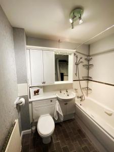 福尔柯克NEW Super 2 Bedroom Flat in Falkirk的浴室配有卫生间、盥洗盆和浴缸。