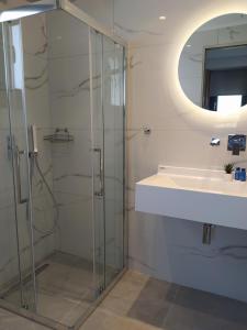 奥马斯帕纳吉亚斯Flâneur apartments的一间带玻璃淋浴和水槽的浴室