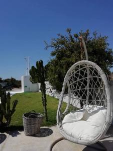 ZefiríaStudio farma的坐在院子里的白色椅子上,有仙人掌