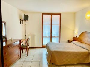 圣奇诺·迪·蒙塔尼亚Hotel Edelweiss的一间卧室配有一张床、梳妆台和书桌