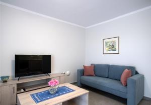 雷夫卡达镇Fragiato Apartment的客厅配有蓝色的沙发和电视