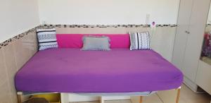 内坦亚Beau 2 pièces et Beau studio clair en plein centre ville Netanya的一张紫色床,上面有枕头