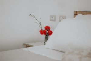 吉诺卡斯特Panoramic Vlachos的床上的花瓶,有红色的花朵