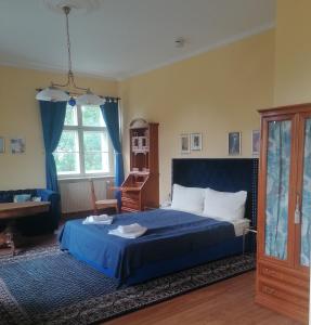 KehnertGutshof Kehnert - Pension & Ferienwohnungen的一间卧室配有蓝色的床和一张书桌