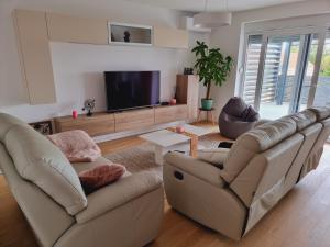 科普里夫尼察Skitnica Prestige的客厅配有2张沙发和1台平面电视