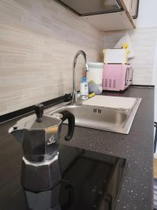 SovramonteTiny House Dolomiti的厨房柜台配有搅拌机和水槽