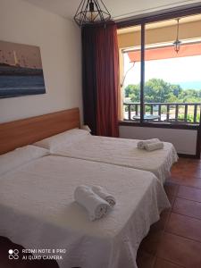阿尔考斯布里Hotel Serra D'írta的两张位于酒店客房的床,配有毛巾