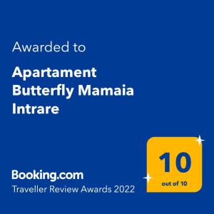 康斯坦察Apartament Butterfly Mamaia Intrare的标牌上标有公寓