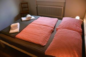 MattenMayers Swiss House, private home for 2-6 guests的一张铺有红白色床单和毛巾的床