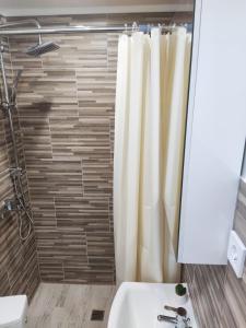 利耶帕亚PortStreet apartamenti的浴室配有淋浴帘和盥洗盆。