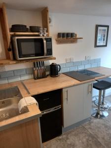 泰恩Wee Shot的厨房配有带微波炉和水槽的台面