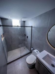 巴兰基亚Eslait Hotel & Apartamentos的带淋浴、卫生间和盥洗盆的浴室