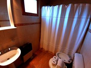 普埃洛湖Cabañas El Refugio de Puelo的浴室配有淋浴帘和盥洗盆。