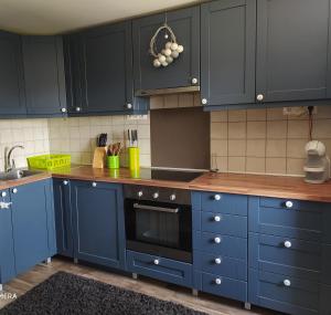 KisapátiA1 Vendégház的厨房配有海军蓝的橱柜和黑烤箱